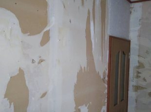 足立区の住宅 ドアのある壁面 クロスをはがした施工中